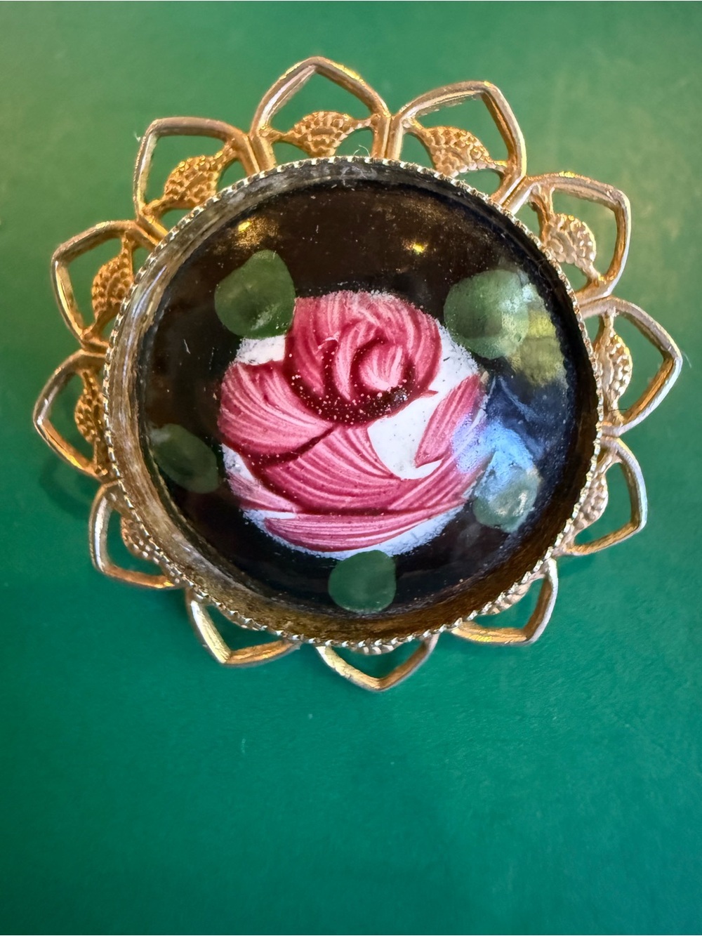 Vintage Hand Painted Pink Rose Filigree Brooch Pin Gold Tone